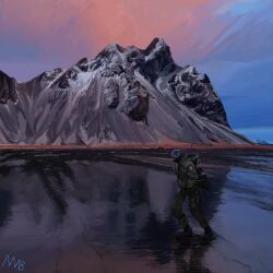  1boy absurdres backpack bag black_boots boots clouds commentary dithering full_body helmet highres lake landscape mask military_uniform mountain neronapalm outdoors peripeteia pilot_helmet pixel_art reflection reflective_liquid respirator signature sky solo wading walking wide_shot 