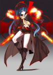 blue_hair boots cloud_palette coat dual_swords dual_wielding fire flaming_sword hat high_boots knee_boots long_hair magic midriff original pixiv_fantasia pixiv_fantasia_5 red_eyes scarf shorts solo 