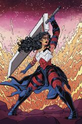  absolute_dc absolute_wonder_woman amazon_warrior arm_tattoo arm_wrap armor black_hair dark-skinned_female dark_skin dc_comics highres holding holding_sword holding_weapon lifting_object long_hair red_tattoo serajiart superhero_costume sword tattoo tattoo_sleeve weapon wonder_woman wonder_woman_(absolute_dc) wonder_woman_(series) 