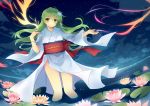  flower frog green_eyes green_hair japanese_clothes kimono kochiya_sanae lily_pad lotus obi rie_(reverie) snake solo standing touhou wading water 