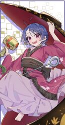  1girl ahoge barefoot blush bowl bowl_hat commentary hat highres japanese_clothes kimono long_sleeves looking_at_viewer mini_person miracle_mallet needle_sword parted_lips purple_hair red_eyes red_kimono short_hair smile solo sukuna_shinmyoumaru suzukiairi0001 teeth touhou upper_teeth_only 