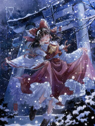  1girl ascot bow breath brown_hair brown_shoes chinese_commentary chinnpi closed_eyes commentary_request detached_sleeves facing_viewer frilled_bow frilled_hair_tubes frilled_skirt frills hair_bow hair_tubes hakurei_reimu highres loafers long_hair open_mouth outdoors red_bow red_skirt ribbon-trimmed_sleeves ribbon_trim shoes skirt skirt_hold skirt_set smile socks solo torii touhou white_socks winter yellow_ascot 