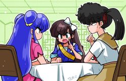  3girls bow brown_hair chair commentary_request double_bun green_eyes hair_bow hair_bun hair_ribbon kunou_kodachi kuonji_ukyou long_hair multiple_girls on_chair open_mouth ponytail ranma_1/2 red_ribbon ribbon school_uniform serafuku shampoo_(ranma_1/2) sidelocks sitting skirt table wanta_(futoshi) white_bow yellow_bow 