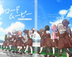  6+girls ahoge anyoji_hime aqua_neckerchief arms_up black_bow black_gloves black_hair black_pantyhose black_ribbon black_shoes black_socks blonde_hair blue_ribbon blue_sky blunt_ends bow bow_legwear brown_dress brown_hair brown_shoes ceras_yanagida_lilienfeld closed_mouth clouds commentary_request cover cover_page day doujin_cover dress everyone flower flower_knot from_behind fujishima_megumi gloves green_hair grey_hair hair_bun hair_flower hair_ornament hair_ribbon hand_on_another's_shoulder hasu_no_sora_school_uniform hinoshita_kaho jellyfish_cut kachimachi_kosuzu katsuragi_izumi link!_like!_love_live! loafers long_hair long_sleeves looking_back love_live! low_twintails medium_dress medium_hair momose_ginko multi-tied_hair multicolored_hair multiple_girls murano_sayaka neckerchief ogami_sachi orange_hair osawa_rurino otomune_kozue outdoors outstretched_arms pantyhose pink_flower pink_hair pleated_dress ponytail purple_hair rabbit_hair_ornament railing red_neckerchief red_streaks ribbon road sailor_collar sailor_dress school_uniform second-party_source shiro_(white_2530) shoes short_hair side_ponytail sidelocks single_side_bun sky smile socks straight_hair streaked_hair translation_request twintails two_side_up virtual_youtuber walking wavy_hair white_flower white_sailor_collar white_socks winter_uniform yellow_neckerchief yugiri_tsuzuri 