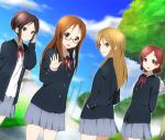  blazer blonde_hair brown_eyes brown_hair death_devil della_(k-on!) extra glasses hand_in_pocket hatasuke jane_(k-on!) k-on! kawaguchi_norimi long_hair looking_back red_hair redhead school_uniform short_hair skirt teenage wavig waving yamanaka_sawako young 