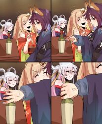  +++ 3girls absurdres anger_vein animal_ears black_hair blonde_hair blue_hair blue_nails bottle calixxx cho_kaguya-hime! closed_eyes commentary english_commentary facing_another forehead_jewel fox_ears green_eyes hair_ornament hair_rings hair_stick highres holding holding_bottle kaguya_(cho_kaguya-hime!) lop_rabbit_ears multicolored_hair multiple_girls parody pink_hair pointing pointing_at_another rabbit_ears runami_yachiyo sakayori_iroha sweat two-tone_hair upper_body white_hair 