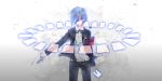  9394marimo blood blue_eyes blue_hair bow card floating floating_card gun hair_over_one_eye headphones holding holding_card persona persona_3 school_uniform shizu_(9394marimo) short_hair solo weapon white_blank_card 