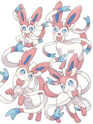  blush closed_mouth commentary_request highres komori_kamome looking_at_viewer multiple_views no_humans open_mouth pokemon pokemon_(creature) pokemon_focus simple_background smile sylveon white_background 