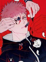  1boy absurdres black_jacket black_nails chinese_commentary commentary_request fingernails fork full-length_zipper highres holding holding_fork holding_spoon hood hooded_jacket itadori_yuuji jacket jujutsu_kaisen looking_at_viewer male_focus multiple_scars out_of_frame pink_hair red_background ryoumen_sukuna_(jujutsu_kaisen) scar scar_on_face scar_on_mouth sharp_fingernails short_hair simple_background solo spoon tuuu06167427 yellow_eyes zipper zipper_pull_tab 