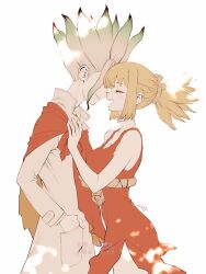  1boy 1girl blonde_hair breasts cape closed_eyes coat commentary_request dr._stone dress fiery_hair from_side gradient_hair green_hair hand_in_pocket highres ishigami_senkuu kohaku_(dr._stone) long_hair multicolored_hair ninomae_gin open_mouth ponytail red_cape red_dress rope_belt sidelocks simple_background sleeveless sleeveless_dress smile spiky_hair white_background 