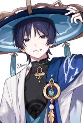  1boy anemo_symbol_(genshin_impact) armor black_bodysuit black_hair blue_cape blue_hat blue_kimono blunt_ends bodysuit cape commentary covered_collarbone eyeliner feathers fingernails furisode genshin_impact gold gold_ring hand_up hat highres japanese_armor japanese_clothes jingasa juban kimono kote kurokote looking_at_viewer makeup male_focus mandarin_collar middle_ring open_clothes open_kimono parted_lips pom_pom_(clothes) portrait red_eyeliner sao_(55_nyu) scaramouche_(genshin_impact) short_sleeves shoulder_peek side_cape smile solo twitter_username violet_eyes vision_(genshin_impact) wanderer_(genshin_impact) white_background white_kimono white_mouth white_sleeves white_trim wispy_bangs yellow_feathers 