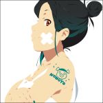  1girl bare_shoulders extra female hair_bun k-on! lowres mizuki_makoto nakajima_nobuyo pig simple_background solo tattoo 