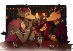  1boy 1girl ? bar_(place) beastars beret black_necktie border character_name collared_shirt cup deer_boy dress drinking_glass english_text eyeshadow furry furry_female furry_male grey_shirt hat highres holding holding_cup indoors jacket juno_(beastars) looking_at_another louis_(beastars) makeup mini_hat necktie own_hands_together pink_dress pink_eyeshadow pink_hat red_jacket shirt sleeveless sleeveless_dress suit_jacket sweatdrop tavern tinh_daubuoi white_border wide-eyed wine_glass wolf_girl 