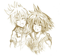  2boys chain chain_necklace closed_eyes commentary cropped_torso english_commentary hand_on_another's_shoulder happy jacket jewelry kaokmchan kingdom_hearts kingdom_hearts_ii light_blush lowres male_focus monochrome multiple_boys necklace open_clothes open_jacket open_mouth pendant roxas short_hair short_sleeves sketch smile sora_(kingdom_hearts) spiky_hair upper_body 