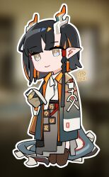  1girl arknights black_hair book boots brown_eyes chibi chibi_only commentary_request dragon_horns dragon_tail earrings eastern_dragon_horns hashtag-only_commentary highres holding holding_book horns jewelry jie_(arknights) mochusama multicolored_hair pointy_ears robe signature smile tail tassel tassel_earrings 
