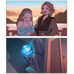  1boy 1girl anakin_skywalker armor blue_dress brown_hair darth_vader dress helmet hologram japanese_clothes jedi kimono lake laughing long_hair mosuke_2 padme_amidala scar scar_on_face sitting_on_throne star_wars sunset 