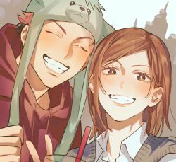  1boy 1girl alternate_costume animal_hat bad_id bad_pixiv_id black_hair brown_eyes brown_hair clenched_teeth closed_eyes green_hat hat hood hoodie itadori_yuuji jujutsu_kaisen kamome_(penguin_n) kugisaki_nobara looking_at_viewer multicolored_hair pink_hair red_hoodie shirt short_hair smile spiky_hair teeth two-tone_hair white_shirt 