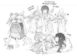  3girls aged_down anger_vein animal_ears barefoot book bulging_eyes child cho_kaguya-hime! commentary dress_shirt eye_pop greyscale hair_dryer hair_rings hatyo holding holding_book kaguya_(cho_kaguya-hime!) kemonomimi_mode korean_commentary korean_text long_hair lop_rabbit_ears monochrome multiple_girls multiple_views oversized_clothes oversized_shirt rabbit_ears rabbit_girl rabbit_tail reading reading_together runami_yachiyo sakayori_iroha shirt shoes simple_background soap_bubbles t-shirt tail towel translation_request white_background 