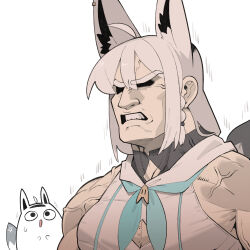  1girl ahoge animal_ear_piercing animal_ears bare_shoulders braid breast_cutout cocomayo29_(tomato) commentary_request earrings fox_ears fox_girl fox_tail hair_between_eyes highres hololive jewelry korean_commentary miteiru_(shirakami_fubuki) muscular open_mouth pentagram shirakami_fubuki shirakami_fubuki_(1st_costume) simple_background single_earring tail teeth virtual_youtuber white_hair 