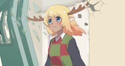  1girl :3 animal_ears antlers black_shirt blonde_hair blue_eyes breaking_through_wall breasts checkered_sweater_vest collared_shirt commentary_request crack cracked_wall dark-skinned_female dark_skin debris deer_antlers deer_ears deer_girl deltarune destruction furry furry_female green_sweater_vest highres horns komugiko_(bitte_komu) light_blush medium_breasts medium_hair meme noelle_holiday nokotan_entering_a_classroom_(meme) red_sweater_vest scene_reference shikanoko_nokonoko_koshitantan shirt solo sweater sweater_vest two-tone_sweater_vest upper_body utdr_(toby_fox) white_shirt 