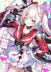  1girl :q ankle_garter arm_up bare_shoulders belt black_belt black_choker black_gloves black_hat black_shoes blunt_bangs braid braided_bangs braided_sidelock breasts butterfly-shaped_pupils choker clothing_cutout club_(shape) collarbone commentary_request diamond_(shape) diamond_facial_mark diamond_on_cheek dress facial_mark frilled_dress frilled_skirt frilled_sleeves frills gloves grey_hair hand_on_own_hip hand_up hat hat_ornament heart heart_facial_mark heart_on_cheek heart_print highres honkai:_star_rail honkai_(series) long_hair looking_at_viewer mark_under_both_eyes mini_hat mini_top_hat multicolored_hair one_eye_closed open_mouth pink_eyes plaid_clothes plaid_sleeves rabbit_ear_headwear rabbit_hat_ornament shironeko_yuuki shoes shoulder_cutout single_glove skirt smile solo sparkle_(honkai:_star_rail) sparxie_(honkai:_star_rail) spoken_heart standing standing_on_one_leg supplicant_mask symbol-shaped_pupils thumbs_up_emoji tongue tongue_out top_hat twintails very_long_hair white_hair 