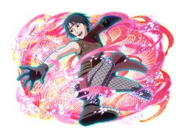  1girl black_gloves black_hair boots brown_boots brown_jacket clenched_hand fishnet_pantyhose fishnets forehead_protector gloves jacket kurotsuchi_(naruto) looking_to_the_side naruto_(series) naruto_shippuuden naruto_shippuuden:_ultimate_ninja_blazing official_art open-toe_boots open_mouth pantyhose short_hair sleeveless sleeveless_jacket solo teeth upper_teeth_only 
