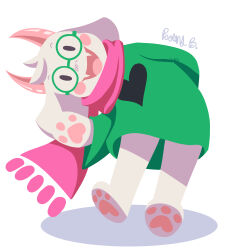  1boy absurdres animal_ears barefoot blush commentary deltarune english_commentary fangs full_body furry furry_male glasses green-framed_eyewear highres horns long_sleeves looking_at_viewer male_focus open_mouth pink_scarf ralsei robablo round_eyewear scarf simple_background skin_fangs smile solo tongue utdr_(toby_fox) white_background 
