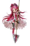  bad_id bare_shoulders boots detached_sleeves knee_boots long_hair mahou_shoujo_madoka_magica pocky polearm ponytail red_eyes red_hair redhead sakura_kyouko simple_background smile solo spear standing_on_one_leg thigh-highs thighhighs tomatika weapon zettai_ryouiki 