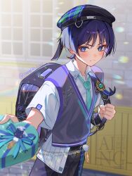 1boy aqua_gem aqua_necktie aqua_trim backpack bag beret black_bag black_hat black_shorts blue_ribbon blunt_ends blurry blurry_background blush box brick_wall bright_pupils chain clenched_hand closed_mouth collared_shirt commentary_request contemporary emblem eyelashes eyeliner feathers fingernails furrowed_brow gem genshin_impact gift gift_box glint gold grey_sweater_vest hand_up hat heart-shaped_box highres holding holding_gift incoming_gift light_frown makeup male_focus necktie official_alternate_costume open_collar outdoors outstretched_arm pom_pom_(clothes) purple_hair purple_trim red_eyeliner ribbon ringed_eyes scaramouche_(cat)_(genshin_impact) scaramouche_(genshin_impact) school_uniform shirt short_sleeves shorts sidelighting snow20200 solo split_mouth sweater_vest tsurime twitter_username undershirt violet_eyes vision_(genshin_impact) wanderer_(genshin_impact) wanderer_(mega_mgc_coffee)_(genshin_impact) watermark white_day white_pupils white_shirt white_sleeves white_trim window wispy_bangs wrist_cuffs yellow_feathers 