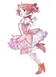  blush bow choker dress gloves hair_bow high_heels highres jumping kaname_madoka magical_girl mahou_shoujo_madoka_magica makiko open_mouth pink_eyes pink_hair red_eyes running shoes short_hair short_twintails simple_background solo thighhighs twintails 