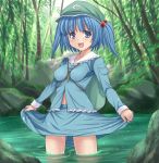  backpack bad_id bag between_breasts blue_eyes blue_hair blush breasts dress dress_lift hair_bobbles hair_ornament hasu_(hk_works) hat impossible_clothes impossible_clothing impossible_shirt kawashiro_nitori key open_mouth shirt short_hair skirt skirt_lift solo touhou twintails wading water waterfall 