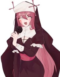 1girl :d arm_at_side belt black_dress black_veil blank_eyes breasts buttons cleavage_cutout clothing_cutout collared_shirt commentary cowboy_shot cross_hat_ornament double-parted_bangs dress english_commentary friday_night_funkin' frilled_sleeves frills hair_between_eyes hand_up highres holding holding_microphone humanization layered_sleeves long_hair long_sleeves looking_at_viewer medium_breasts microphone mid-fight_masses nun nun_headdress open_mouth pale_skin pencil_dress pink_belt pink_hair puffy_short_sleeves puffy_sleeves sarvente_(friday_night_funkin') shirt short_over_long_sleeves short_sleeves simple_background single_eyebrow sleeve_cuffs smile solo standing straight_hair sweatdrop tongue user_hede4432 v-shaped_eyebrows veil very_long_hair white_background white_shirt 