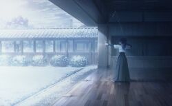  1girl aiming archery arrow_(projectile) asahina_mafuyu black_hakama black_shirt bow_(weapon) brown_gloves closed_mouth clothing_cutout colorful_palette from_side full_body game_cg gloves grey_theme hakama hakama_skirt high_ponytail highres hip_vent japanese_clothes kimono kyuudou long_sleeves looking_ahead medium_hair no_shoes official_art partially_fingerless_gloves ponytail profile project_sekai purple_hair shirt shirt_under_kimono sidelocks single_glove skirt snow socks solo third-party_source violet_eyes wavy_hair wavy_sidelocks weapon white_kimono white_socks wide_shot yugake yumi_(bow) yumihike_shiro_no_sekai_de_(project_sekai) 