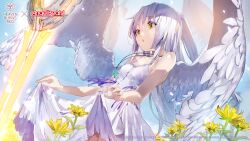  1girl :o angel angel_beats! angel_wings bare_arms bare_shoulders blue_sky breasts copyright_name copyright_notice cowboy_shot day dress dress_ribbon dutch_angle feathered_wings floating_hair flower glowing glowing_sword glowing_weapon heaven_burns_red highres jewelry key_(company) long_hair looking_down necklace official_alternate_costume official_art official_wallpaper open_mouth outdoors ponytail purple_ribbon ribbon sidelocks skirt_hold sky sleeveless sleeveless_dress small_breasts solo sundress sword tachibana_kanade very_long_hair weapon white_dress white_hair white_wings wings yellow_eyes yellow_flower 