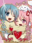  blue_eyes blue_hair hair_ribbon heart hug kaname_madoka kanzakin kyubey kyuubee mahou_shoujo_madoka_magica miki_sayaka multiple_girls open_mouth pink_eyes pink_hair ribbon school_uniform wink 