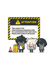  1boy 2girls absurdres ahoge animal_ears arknights arknights:_endfield artist_request bird_ears bird_girl black_hair caution_tape chibi chibi_only closed_eyes commentary_request endministrator_(arknights) english_text female_endministrator_(arknights) highres jacket male_endministrator_(arknights) mask multiple_girls no_mouth off_shoulder official_art ojigi_(bowing) perlica_(arknights) sign simple_background traffic_cone translation_request warning_sign white_background white_hair 