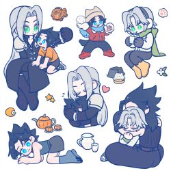  105zz 2boys all_fours aqua_eyes armor black_coat black_hair black_pants black_shoes blue_eyes blue_scarf blush boots brown_hair chest_strap chibi chibi_only closed_eyes coat commentary_request crisis_core:_final_fantasy_vii cup dog_tail drink_carton earmuffs final_fantasy final_fantasy_vii final_fantasy_vii:_ever_crisis flying_sweatdrops food green_scarf grey_hair holding holding_drink_carton holding_snowball hug jacket long_coat long_hair male_focus multiple_boys multiple_views open_mouth orange_shirt pants parted_bangs pauldrons paw_print_soles red_boots red_jacket scarf sephiroth shirt shoes short_hair shoulder_armor slit_pupils smile snowball tail taiyaki teacup teapot wagashi white_jacket winter_clothes zack_fair 