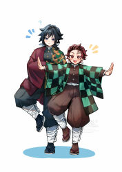  2boys ? black_hair black_jacket black_socks blue_eyes bright_pupils brown_hair buttons checkered_haori commentary_request demon_slayer_uniform earrings empty_eyes full_body gold_buttons hanafuda_earrings haori high_collar highres jacket japanese_clothes jewelry kamado_tanjirou kikkoumon kimetsu_no_yaiba long_hair low_ponytail male_focus multiple_boys open_mouth outstretched_arms ponytail print_haori red_eyes red_haori sandals shadow simple_background smile socks spiky_hair standing standing_on_one_leg tobidayooon tomioka_giyuu white_background white_pupils 
