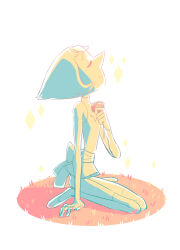  1girl closed_eyes dress flower forehead_jewel gem gem_(steven_universe) highres holding looking_to_the_side non-web_source on_ground pearl_(gemstone) pearl_(steven_universe) pointy_nose ray_geiger rose seiza shirt short_hair simple_background sitting smile solo star_(symbol) steven_universe white_background 