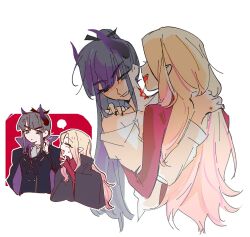  2girls amaya_tsubame bite_mark biting biting_neck black_cape black_hair black_nails black_ribbon blonde_hair blood blood_from_mouth blood_on_mouth blood_on_neck blood_sucking blush buttons cape closed_eyes collared_shirt commentary demon_horns fang fangs fingernails gakuen_idolmaster grabbing_another's_hair green_eyes hair_ribbon hand_in_another's_hair hand_on_another's_shoulder high_ponytail highres holding_another's_hair horns idolmaster juo_sena long_hair long_sleeves looking_at_another mole mole_under_eye multicolored_hair multiple_girls nail_polish off-shoulder_shirt off_shoulder open_mouth pink_streaks pinkblueke pointy_ears ponytail red_shirt ribbon sharp_fingernails shirt smile streaked_hair sweatdrop untranslatable_commentary vampire vampire_costume very_long_hair white_background white_shirt yuri 