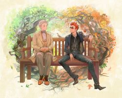  2boys aziraphale_(good_omens) bench bird black_jacket black_pants black_shirt black_shoes blue_eyes bow bowtie brown_bow brown_bowtie brown_coat brown_shoes brown_vest closed_mouth coat commentary_request crowley_(good_omens) glasses good_omens grey_pants highres jacket male_focus multiple_boys noir_(ibaraki) on_bench open_clothes open_jacket own_hands_together pants red_hair round_eyewear shirt shoes short_hair sitting smile tree vest waistcoat white_hair white_shirt wooden_bench 