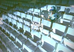  1boy baseball_cap baseball_mitt baseball_uniform blonde_hair commentary_request copyright_name different_shadow emporio_alnino hat highres jojo_no_kimyou_na_bouken kujo_jolyne male_focus short_hair short_sleeves sitting sportswear stadium stone_ocean uu0000322 