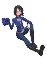  1boy ;) black_boots black_hair blue_jacket boots box calem_(pokemon) closed_mouth commentary full_body grey_eyes heart-shaped_box highres holding holding_box jacket long_sleeves male_focus mei_namul one_eye_closed pants pants_tucked_in pokemon pokemon_xy short_hair simple_background smile solo turtleneck turtleneck_jacket white_background 