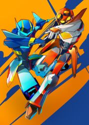  2boys aerialbot assault_visor blue_visor commentary goggles goggles_on_head highres humanoid_robot jetfire jetstorm multiple_boys robot science_fiction seikaigetsu sword transformers transformers:_animated untranslatable_commentary weapon yellow_eyes 