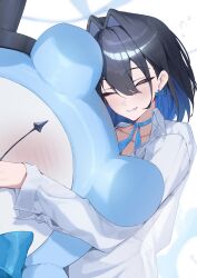  1girl absurdres black_hair blue_hair bow bow_earrings choker closed_eyes collared_shirt colored_inner_hair commentary double-parted_bangs dress_shirt earrings english_commentary grin hair_between_eyes hair_intakes highres hololive hololive_english hug jewelry kronie_(ouro_kronii) long_sleeves medium_hair multicolored_hair ouro_kronii ribbon_choker shirt smile solo virtual_youtuber white_shirt yoellim5 