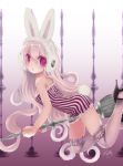  animal_ears broom broom_riding bunny_ears colored_eyelashes dress eyelashes garters john_hathway long_hair original pink_eyes pink_hair red_eyes solo striped symbol-shaped_pupils thigh-highs thighhighs vertical_stripes 