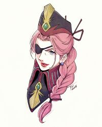  1girl blue_eyes braid commentary_request dated earrings eyepatch hat highres jewelry kujira_gunsou lipstick lyudmi_daria makeup pink_hair portrait simple_background uchuu_senkan_yamato white_background 