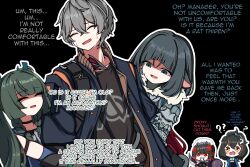  1boy 4girls black_background ellen_joe harem highres hyun_ha-ryeong jane_doe_(zenless_zone_zero) multiple_girls partially_shaded_face qingyi_(zenless_zone_zero) tail_around_neck wise_(zenless_zone_zero) zenless_zone_zero zhu_yuan 