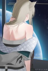  1girl absurdres animal_ears arknights arknights:_endfield back back_focus backless_dress backless_outfit bare_shoulders bird_ears black_gloves brown_hair clothes_down commentary dress from_behind gloves highres jacket long_hair off_shoulder perlica_(arknights) sidelocks sitting solo stellar_(ssstellar) 