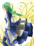  alternate_costume bad_id bare_shoulders detached_sleeves frog garter_straps green_eyes green_hair hair_ornament highres kochiya_sanae long_hair ponytail profile reio_(reio_reio) reio_reio snake solo standing thigh-highs thighhighs touhou 